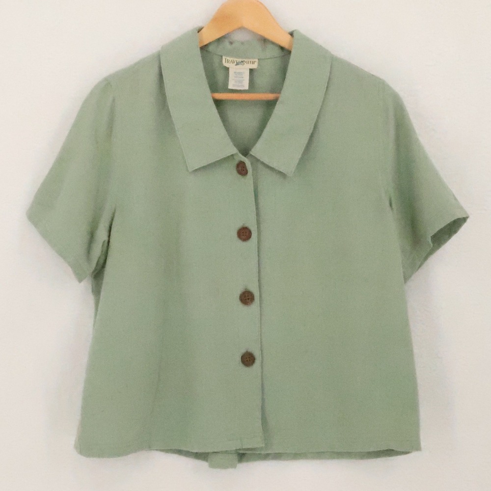 TravelSmith Linen Blend Button Shirt Womens Size PM Sage Green Boxy Short Sleeve